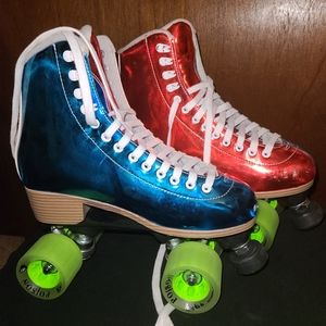 Red and blue metallic Jackson skates. Size 9